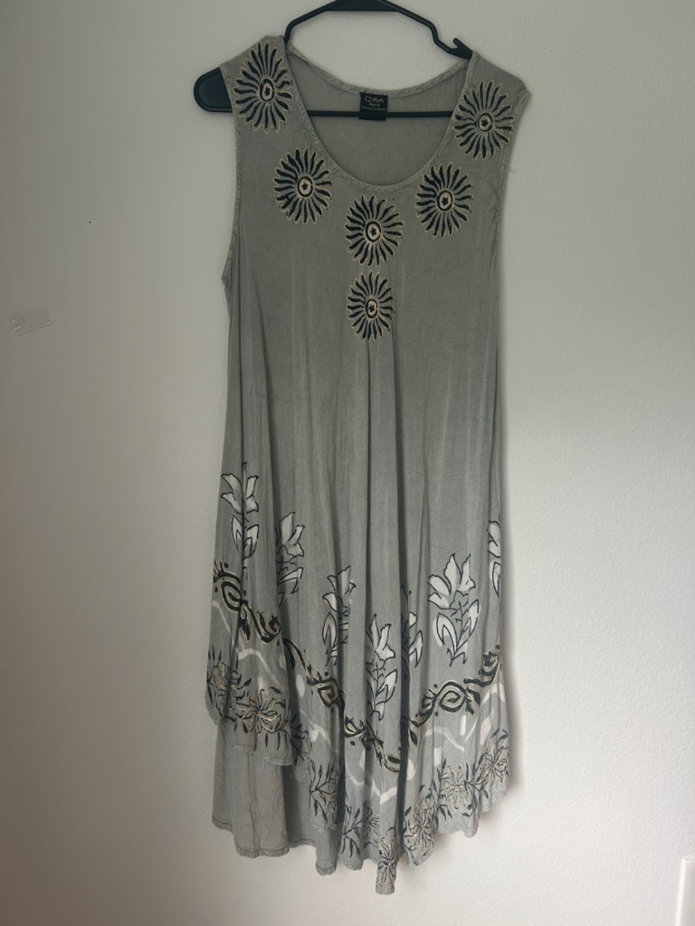Boho Sage Green Swing Dress Floral Print Sleeveless Artsy Midi Relaxed